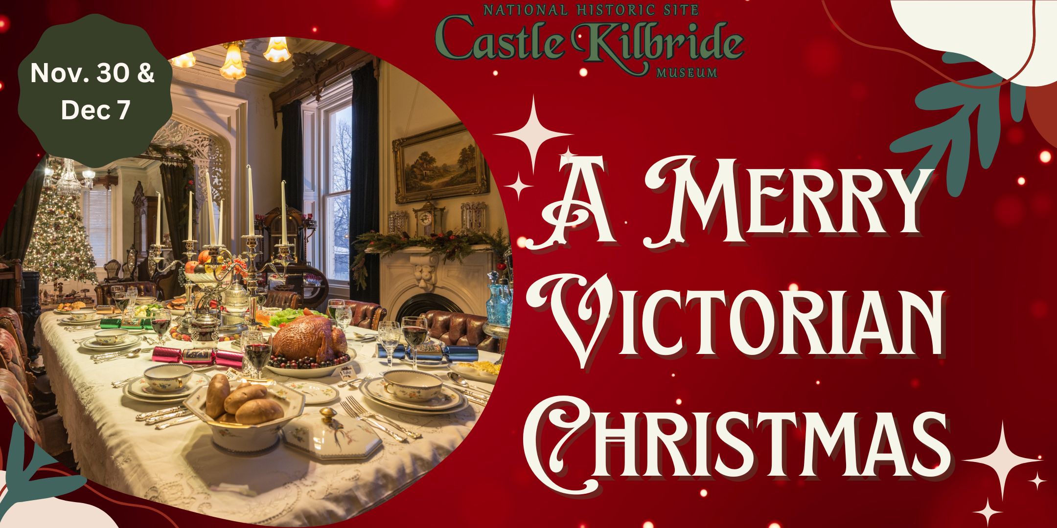 Burgundy background with circle image of christmas feast on a lace tablecloth