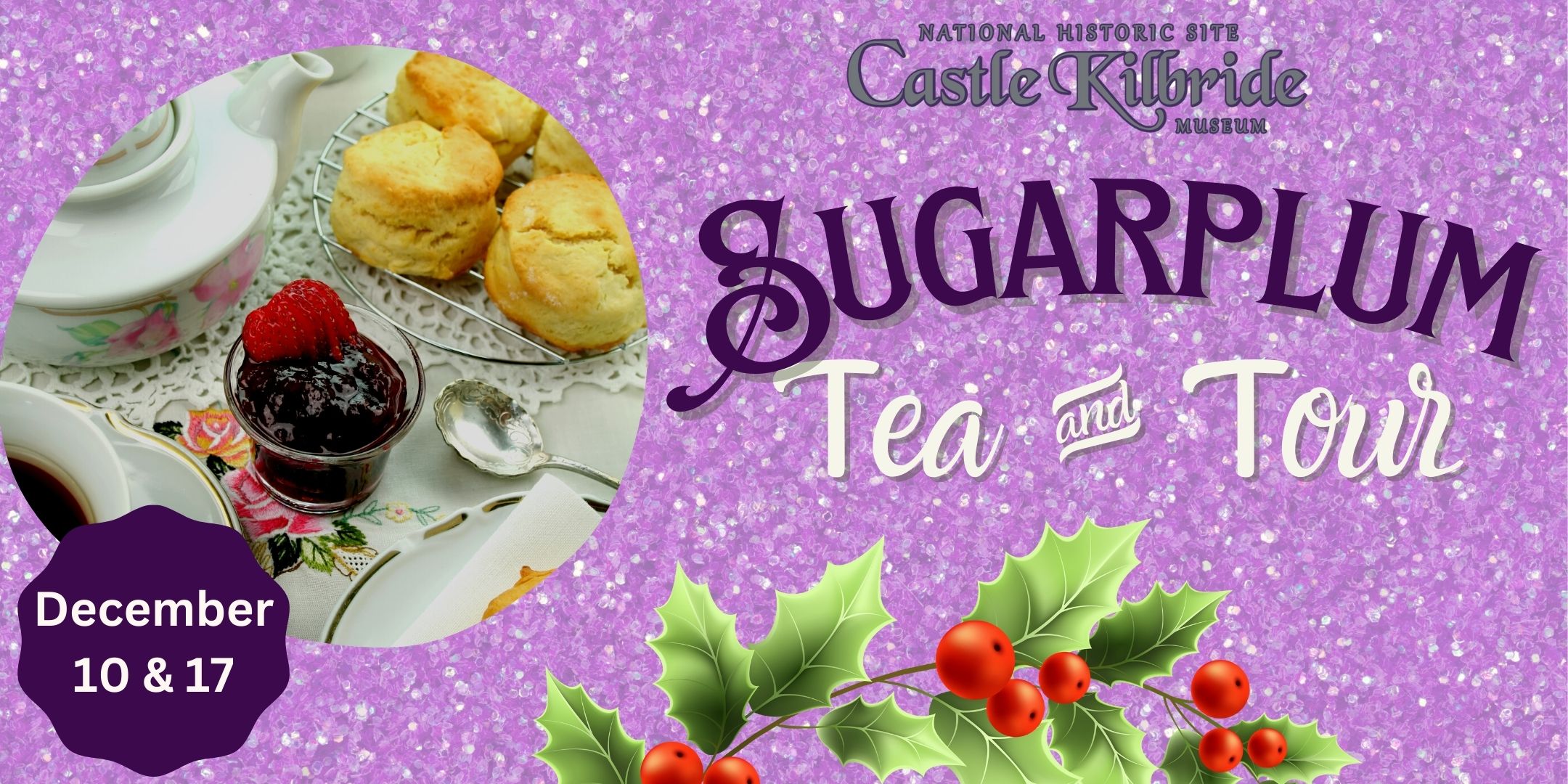 Purple sugar background with circular photo of tea & scones