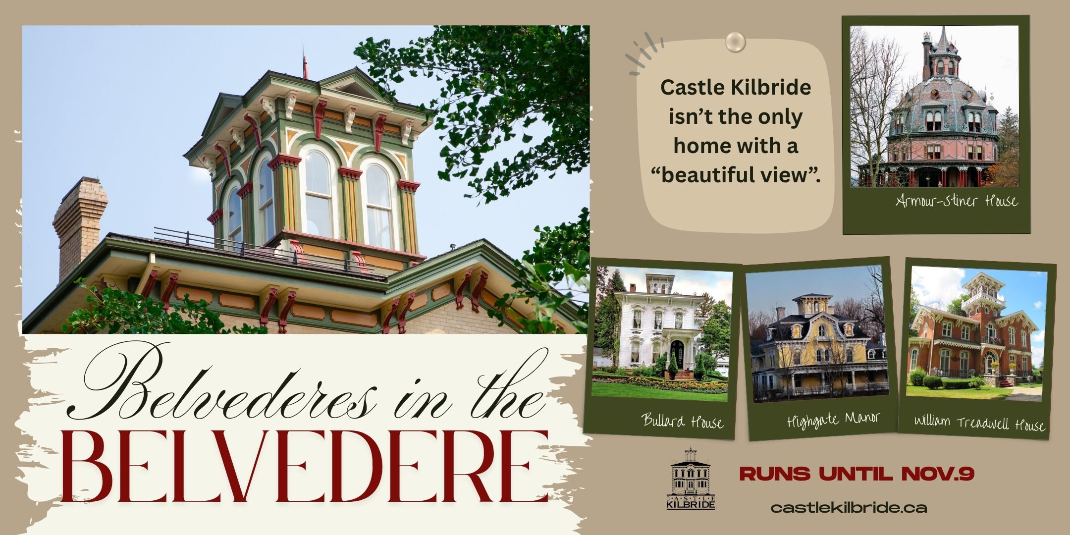 Photo of a lookout tower on the top of a grand yellow brick Victorian home. To the right of the first image is four other smaller photos of brick homes with a lookout tower at the top. In text reads "Belvederes in the Belvedere." 