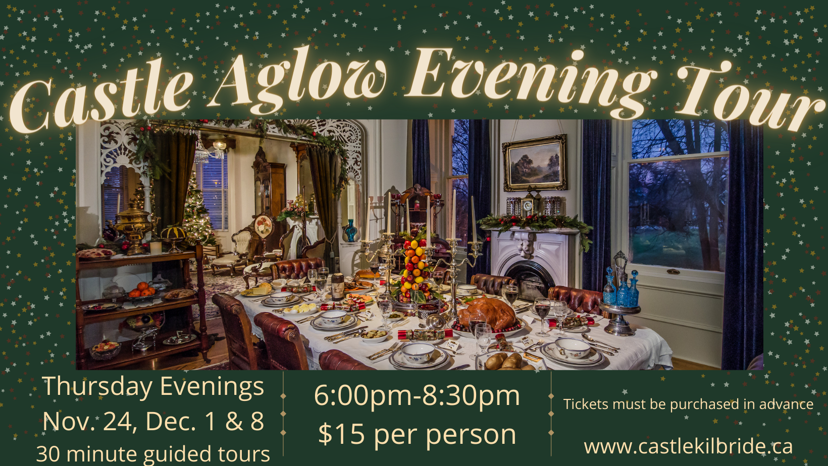 Dark green background with evening view of Victorian table set for Christmas