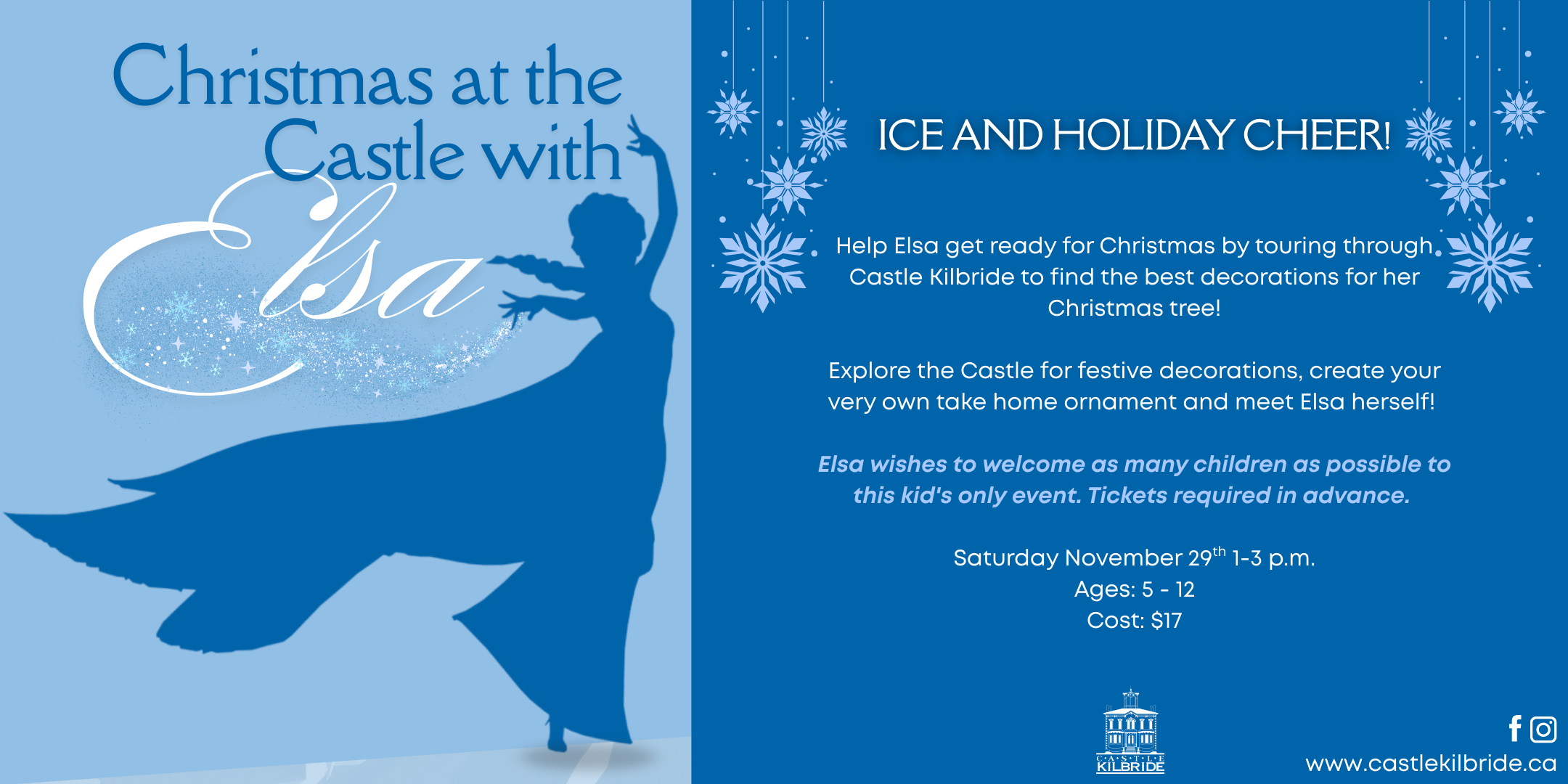 Blue background with blue and white text reading Christmas at the Castle with Elsa. Under is a dark blue outline of a princess making snow magic.