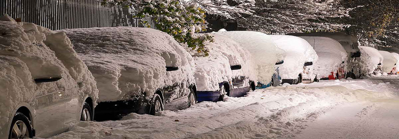 Parked cars covered in snow