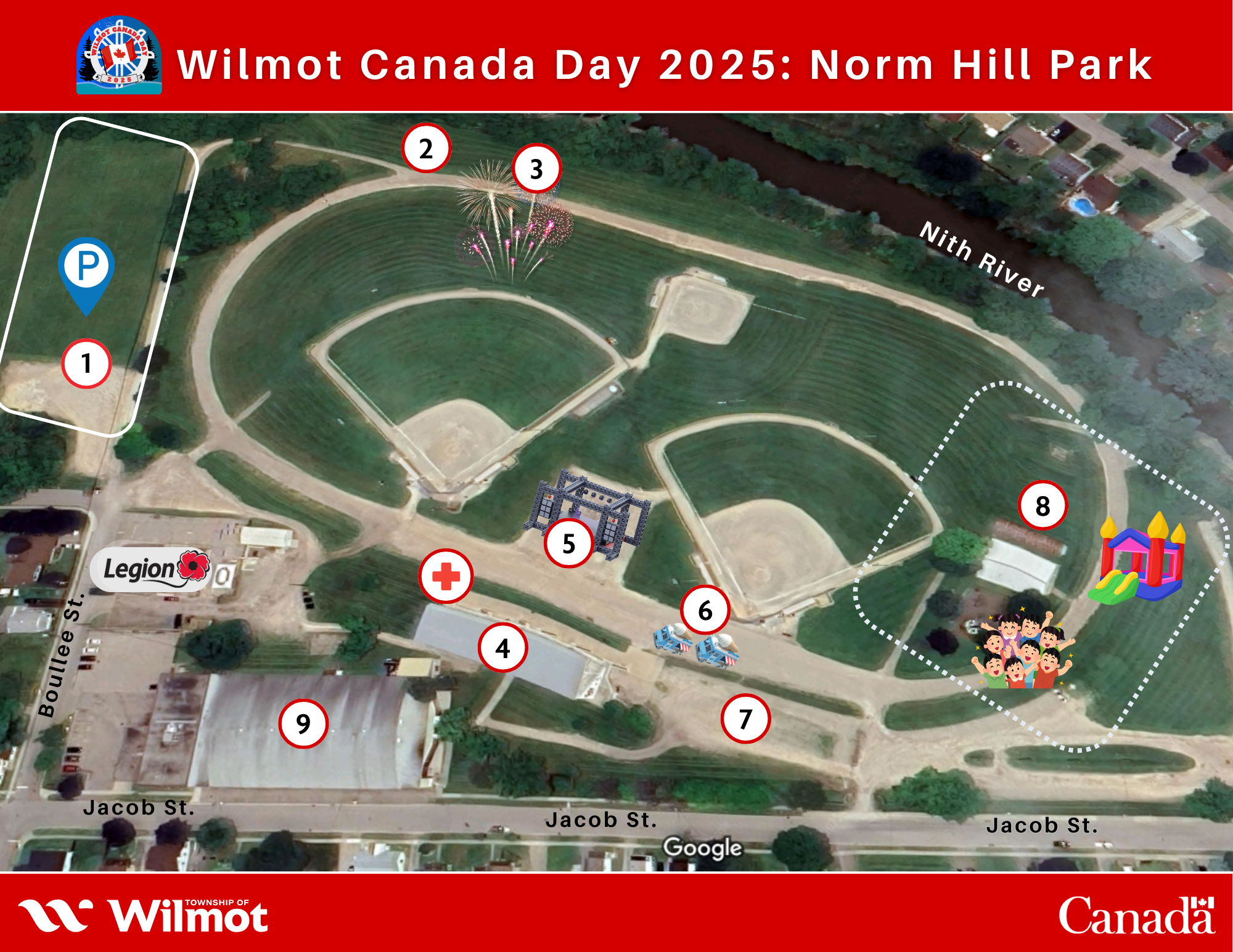 A map of the event grounds for Wilmot Canada Day 2025 in Norm Hill Park